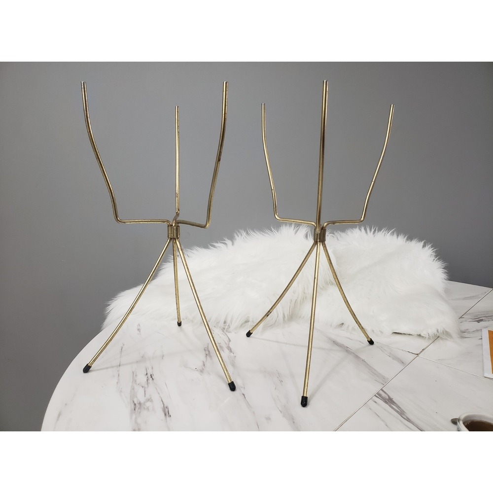 MCM Vintage Tripod Flower Plant Pot Stand Holder Metal Folding Minimalist Gold